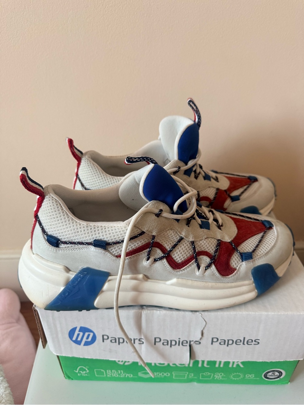 Moncler White, Red & Blue Chunky Lace-Up Sneakers